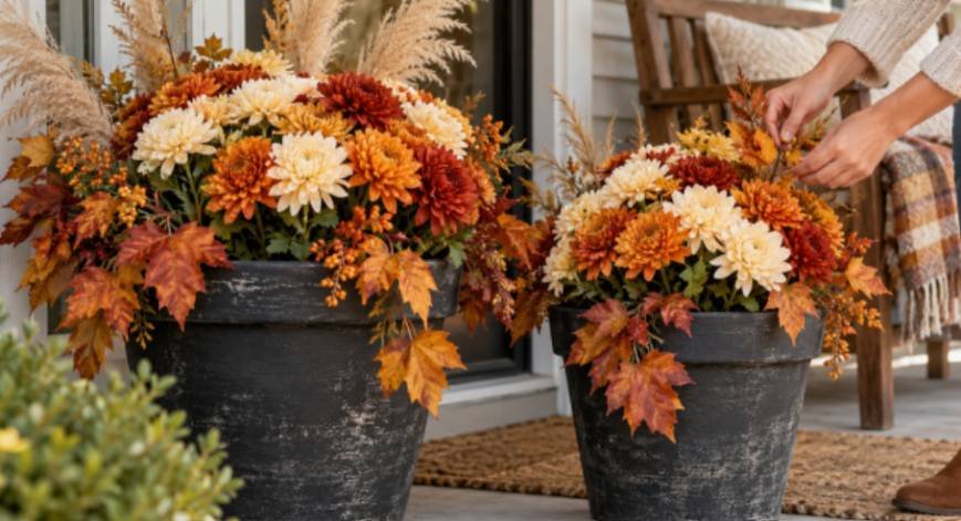 Texturized Faux Stoneware Planters with Everlasting Mums